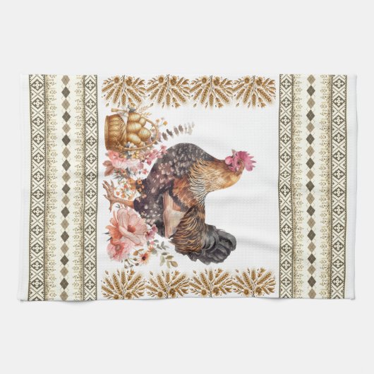  Tan Gold Brown Chicken Hen Slavische Patroon Theedoek (Horizontaal)