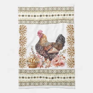 Tan Gold Brown Chicken Hen Slavische Patroon Theedoek