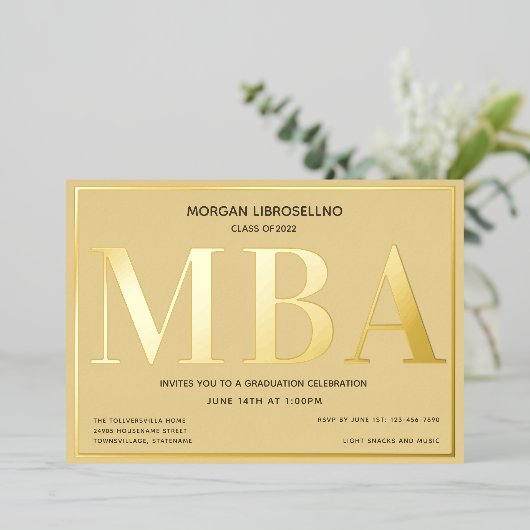 Tan Gold MBA Afstuderen Folie Uitnodiging (Staand Voorkant)