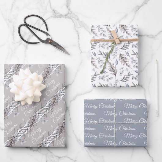 Tan, Grey en Blue Winter Foliage Merry Kerstmis Inpakpapier Vel (Voorkant)