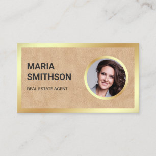 Tan Leather Gold Foil Foto Real Estate Agent Visitekaartje