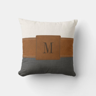 Tan Leather Gray White Linen Farmhouse Monogram Kussen