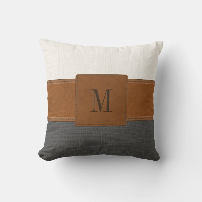 Tan Leather Gray White Linen Farmhouse Monogram Kussen (Voorkant)