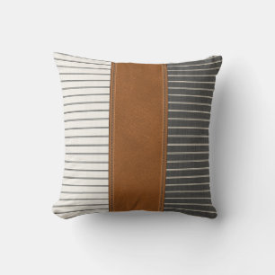Tan Leather Striped Linen Minimal Farmhouse Kussen