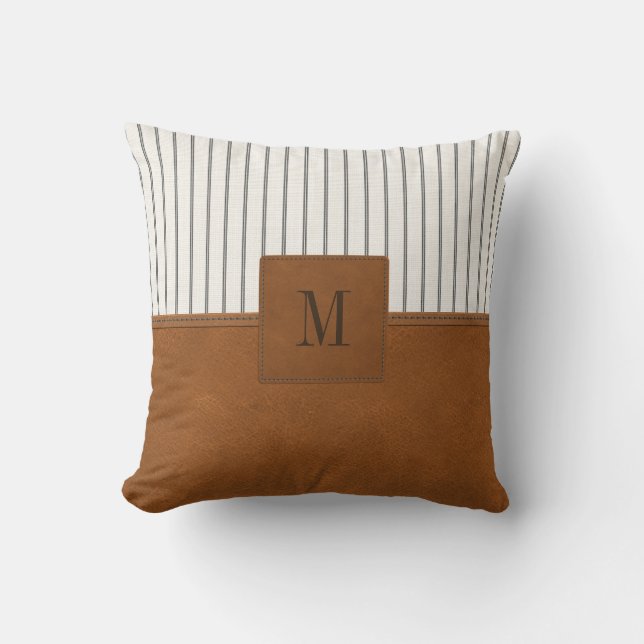 Tan Leather Striped White Linen Monogram Farmhouse Kussen (Voorkant)