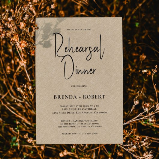 Tan linen Simple White Script Rehearsal Dinner Kaart