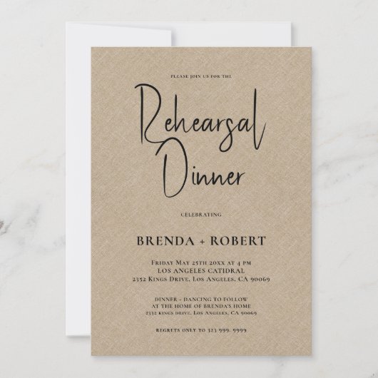 Tan linen Simple White Script Rehearsal Dinner Kaart (Voorkant)