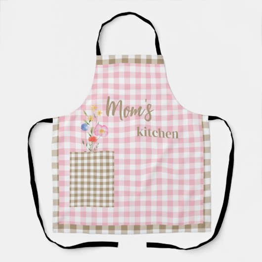 Tan & Pink Gingham Wildflower Mapkeuken Schort (Voorkant)
