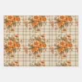 TAN PLAID PATROON MET ORANJE HERFST BLOEMEN INPAKPAPIER VEL (Voorkant 2)