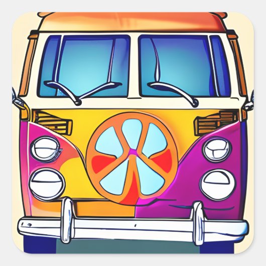 Tan Retro Hippie Van  Kunst Vierkante Sticker (Voorkant)