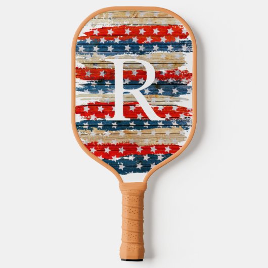 Tan Rustic American Flag Monogram Pickleball Paddle (Achterkant)