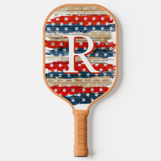 Tan Rustic American Flag Monogram Pickleball Paddle (Voorkant)