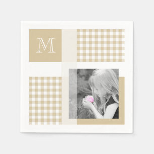 Tan Voeg je foto toe Gingham Modern Brown Monogram Servet