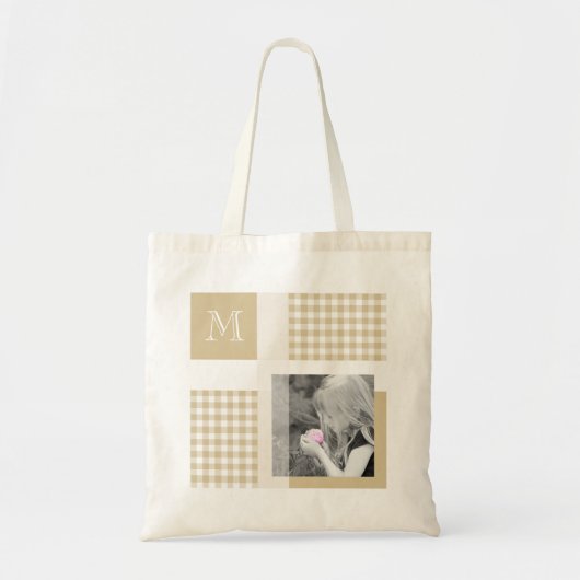 Tan Voeg je foto toe Gingham Modern Brown Monogram Tote Bag (Voorkant)