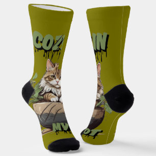 Tan & Wit Schattige Cat Pot Design Sokken