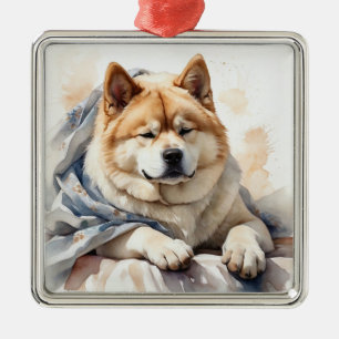 TAN & WIT WATERVERF AKITA HOND METALEN ORNAMENT