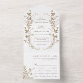 Tan & Wit Wildflower Silhouet Krans Bruiloft All In One Uitnodiging (Binnen)