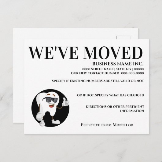 Tand met zonnebril duimen omhoog we zijn verhuisd aankondigingskaart (Voorkant / Achterkant)