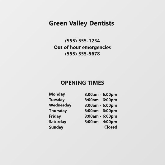 Tandarts Kantoor Openingstijden Raamsticker (Vel)