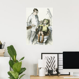  tandarts, tentist met een jongen op zijn stoel poster