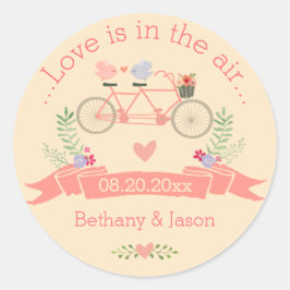 Tandem Bicycle, Birds and Banner Wedding Ronde Sticker