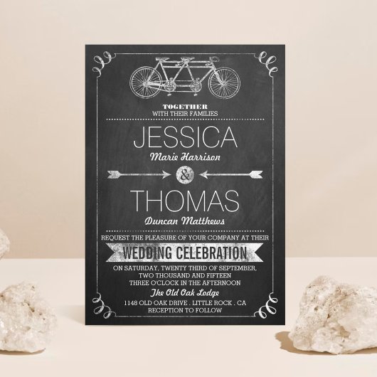 Tandem Bicycle Chalkboard Typography Wedding Kaart