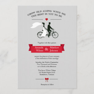 Tandem Bicycle Gray en Red Wedding Invitations Kaart