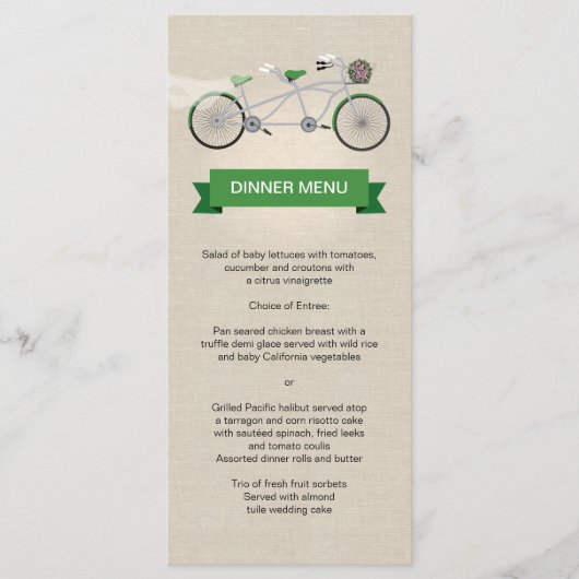 Tandem Bicycle Green Wedding Menu Faux Linen (Voorkant)