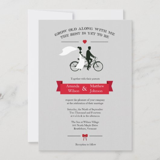 Tandem Bicycle Grey et Red Wedding Invitations (Devant)