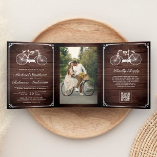 Tandem Fiets Bruiloft Foto QR Code Huwelijk Drieluik Uitnodiging