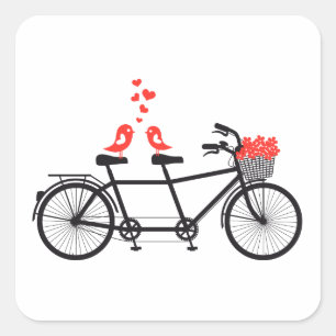 tandem fiets met schattige liefdesvogels vierkante sticker