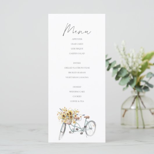 Tandem Fiets Rustieke Zonnebloem Waterverf Bruilof Menu (Staand voorkant)