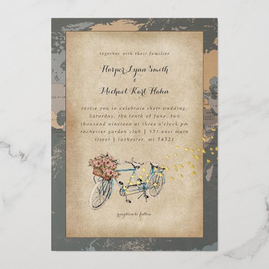 tandem rustique vélo carte du monde foil mariage i (Recto)