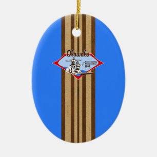 Tandem Surfing Hawaiian Faux Wood Surfboard Keramisch Ornament