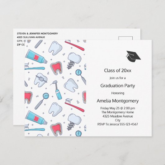 Tanden en gereedschap Tandartspatroon Afstuderen Uitnodiging Briefkaart (Voorkant / Achterkant)