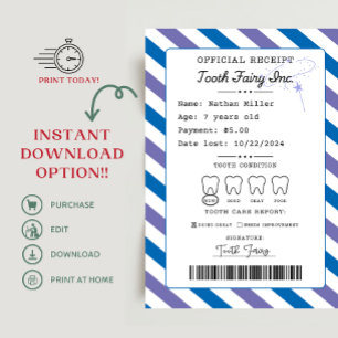 Tandenfee-ontvangstbewijs afdrukbaar kaart