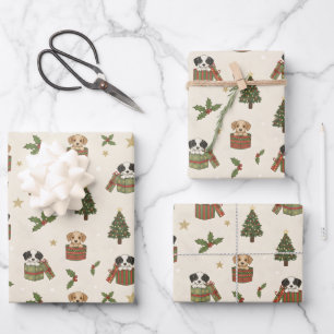 Tane en zwart-witte puppy's Kerstpatroon Inpakpapier Vel