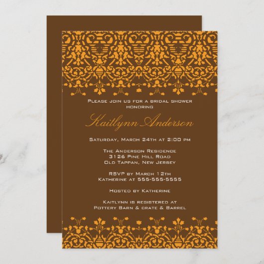 Tangerine & Brown Damask Bridal Shower Invitation Kaart (Voorkant / Achterkant)