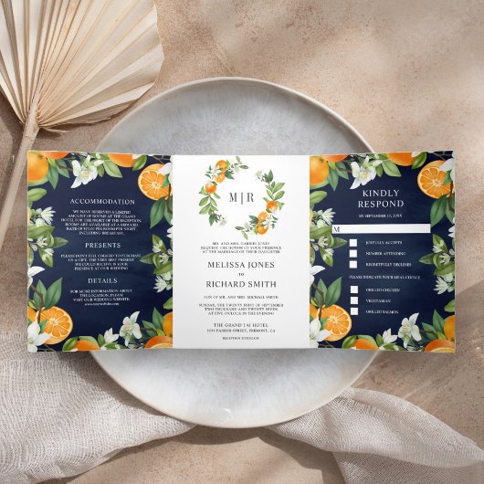 Tangerine Citrus Sinaasappel All in One Navy Wedde Drieluik Uitnodiging