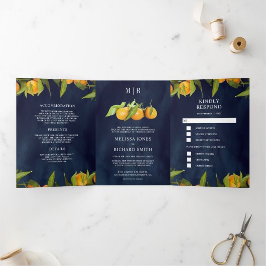 Tangerine Citrus Sinaasappel Orchard Navy Blue Bru Drieluik Uitnodiging (Binnen)