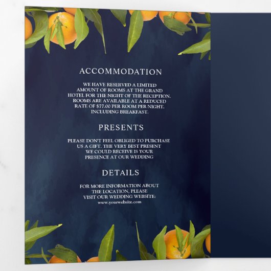 Tangerine Citrus Sinaasappel Orchard Navy Blue Bru Drieluik Uitnodiging (Binnenzijde eerst)