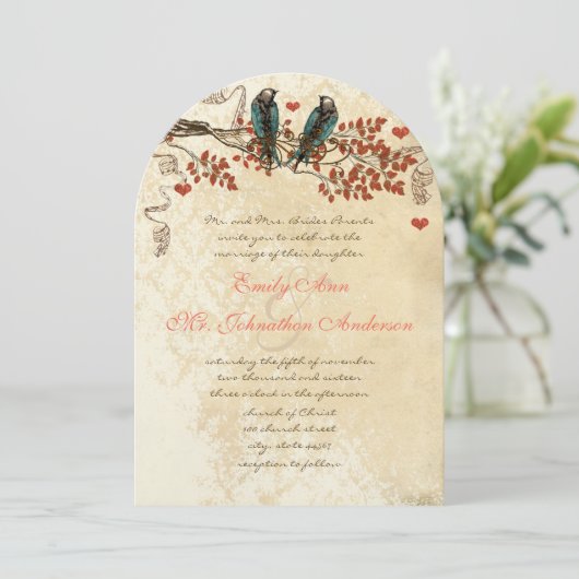 Tangerine Fall Leaves  Bird Wedding Invite Kaart (Staand voorkant)