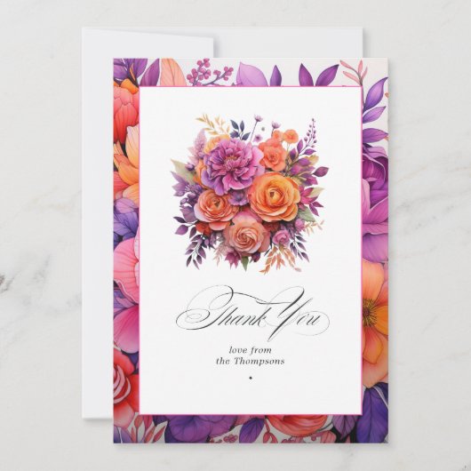 Tangerine, Hot-Pink & Royal Paarse bloemenbruiloft Bedankkaart (Voorkant)