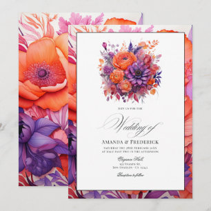Tangerine, Hot-Pink & Royal Paarse bloemenbruiloft Kaart