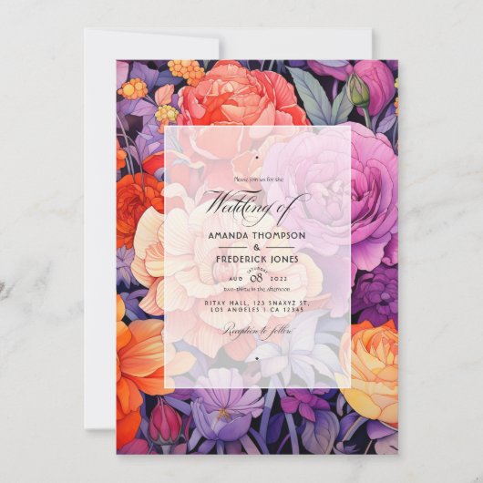 Tangerine, Hot-Pink & Royal Paarse bloemenbruiloft Kaart (Voorkant)
