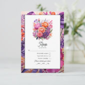 Tangerine, Hot-Pink & Royal Paarse bloemenbruiloft RSVP Kaartje (Staand voorkant)