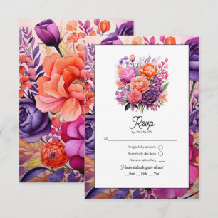 Tangerine, Hot-Pink & Royal Paarse bloemenbruiloft RSVP Kaartje