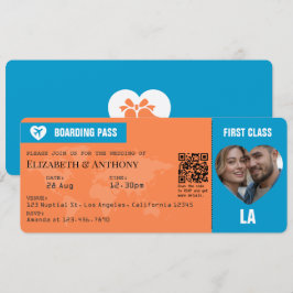 Tangerine & Lagoon Blue Boarding Pass Wedding Kaart