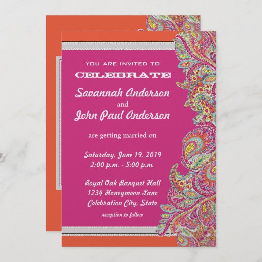 Tangerine marocaine & Fuchsia Mariage Invitations (Devant / Derrière)