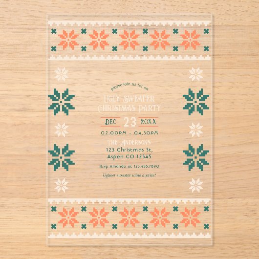 Tangerine Spruce Ugly Sweater Christmas Party Acryl Uitnodigingen (Voorkant)